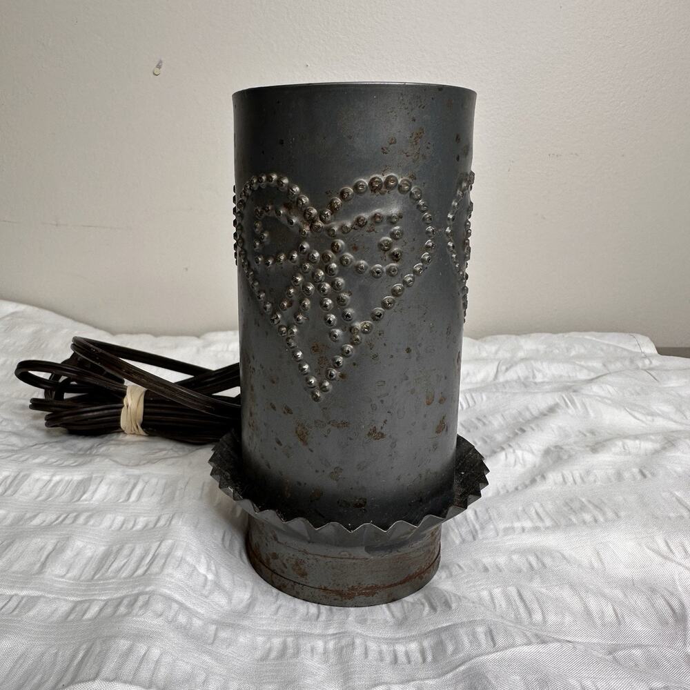 Punched Tin Metal Table Lamp Heart Night Light Electric Country Vintage